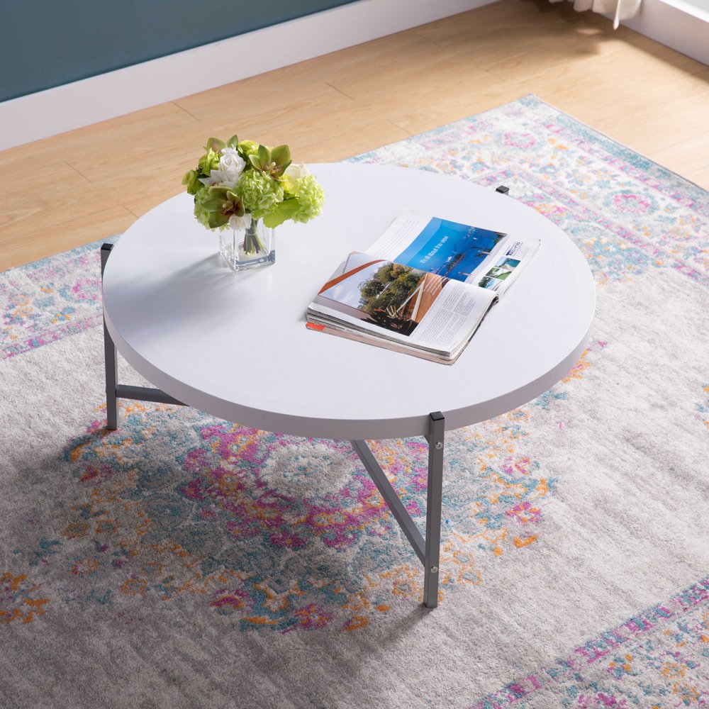 37" White And Silver Wood And Stainless Steel Round Coffee Table
