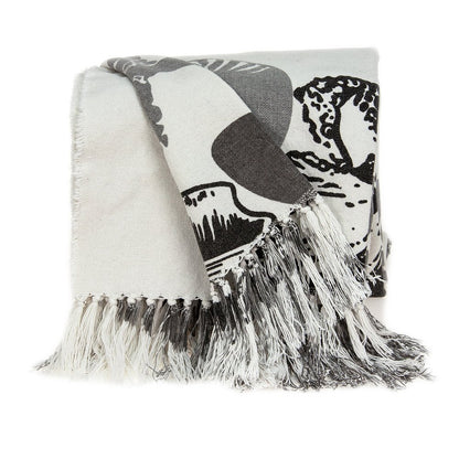52" X 67" Ivory and Gray Woven Cotton Coastal Seashell Throw Blanket with Fringe