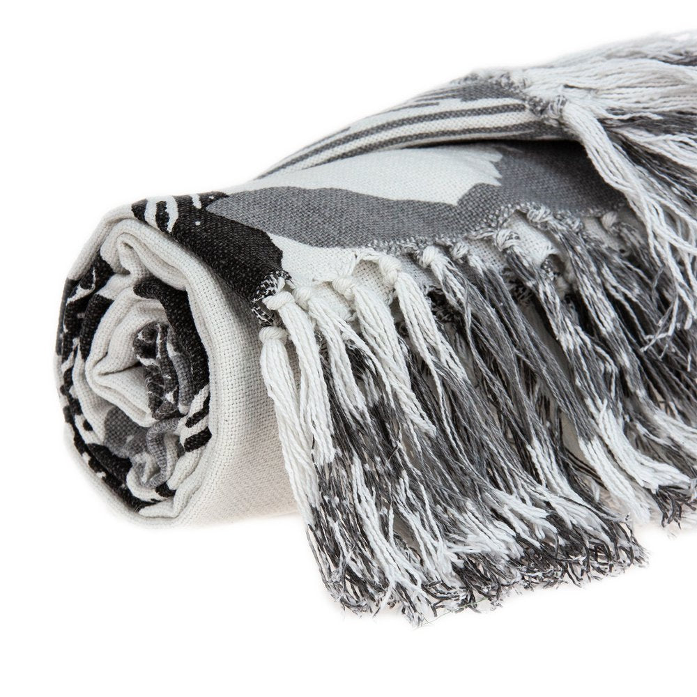 52" X 67" Ivory and Gray Woven Cotton Coastal Seashell Throw Blanket with Fringe