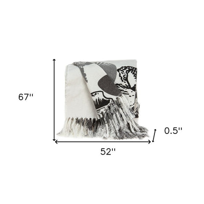 52" X 67" Ivory and Gray Woven Cotton Coastal Seashell Throw Blanket with Fringe