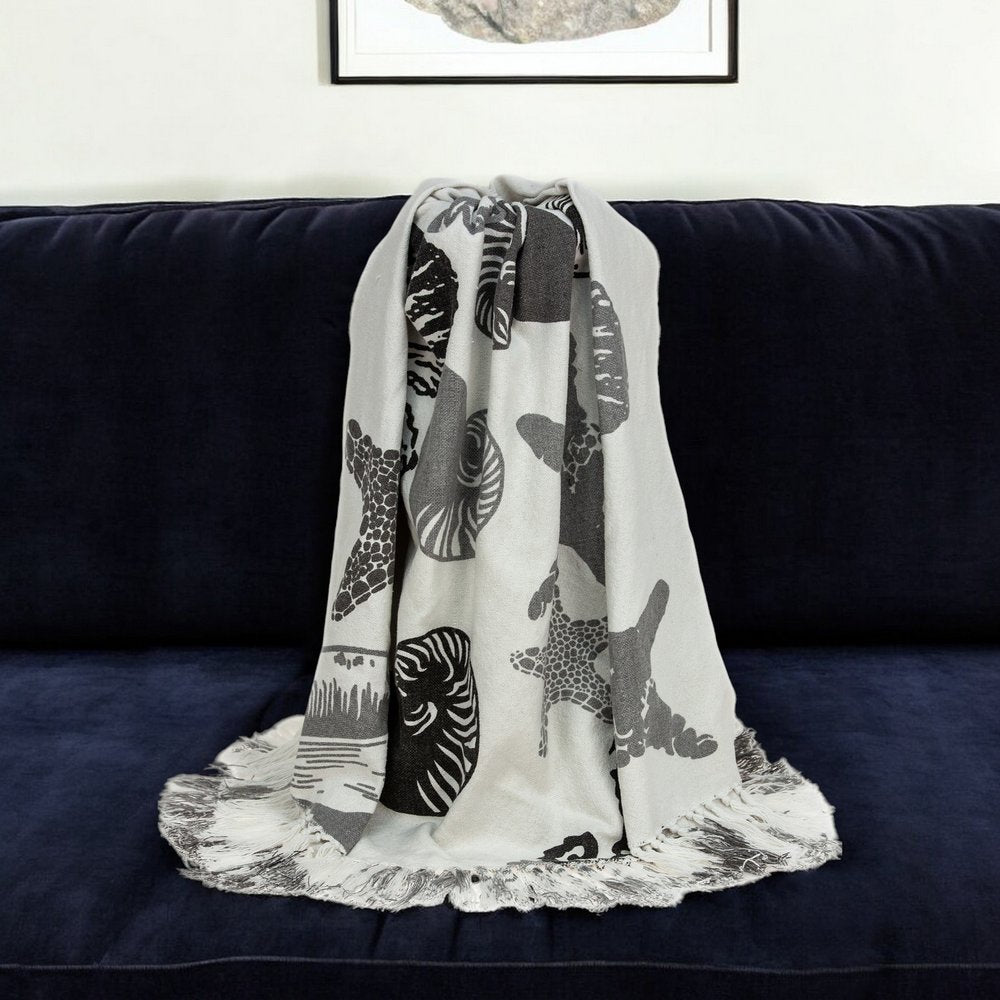 52" X 67" Ivory and Gray Woven Cotton Coastal Seashell Throw Blanket with Fringe