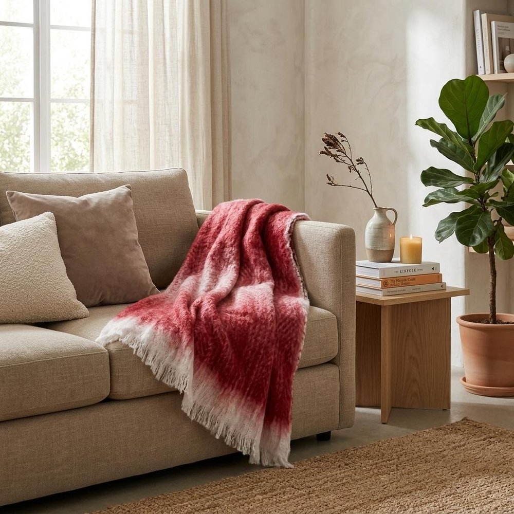 52" X 67" Red and White Woven Wool Blend Throw Blanket