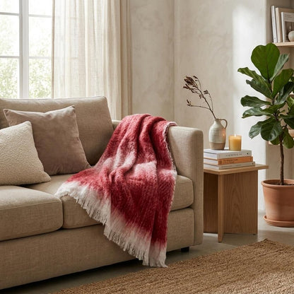52" X 67" Red and White Woven Wool Blend Throw Blanket