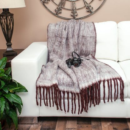 52" X 67" Dark Purple Woven Wool Blend Chevron Throw Blanket with Fringe