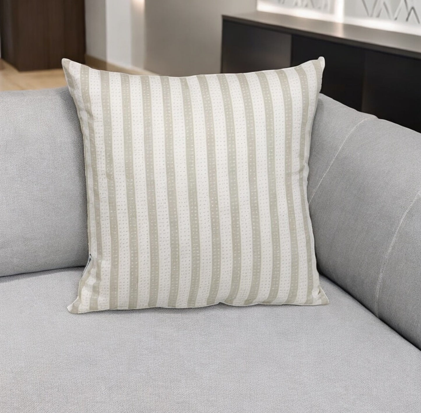 16" Taupe and White Striped Cotton Throw Pillow