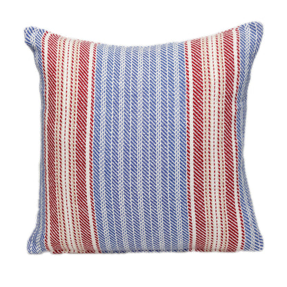 16" Blue and Red Striped Cotton Throw Pillow