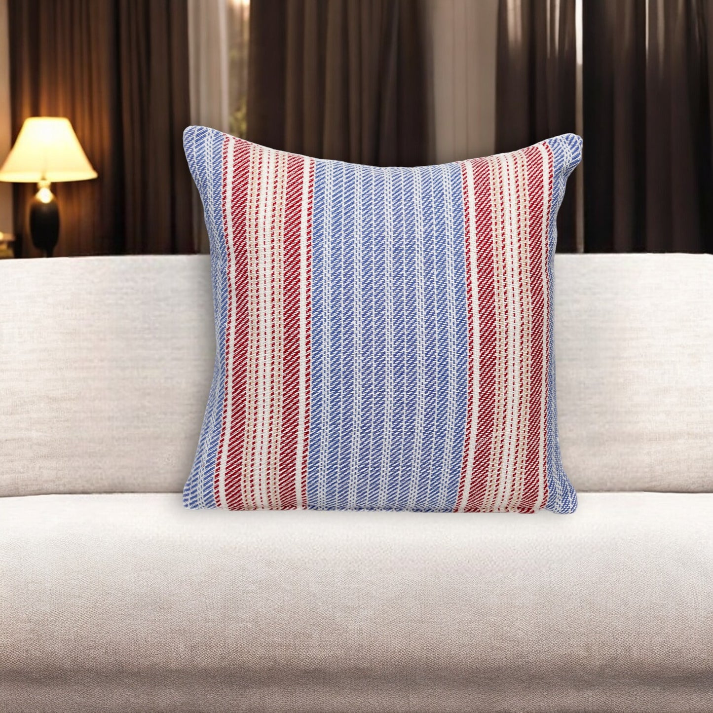 16" Blue and Red Striped Cotton Throw Pillow