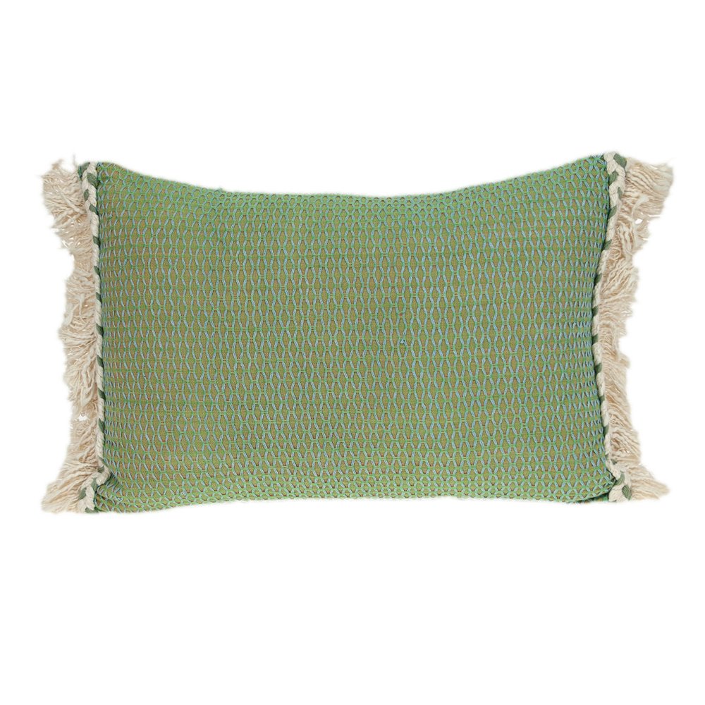 14" X 20" Green And Beige Cotton Lumbar Throw Pillow with Embroidery and Fringe