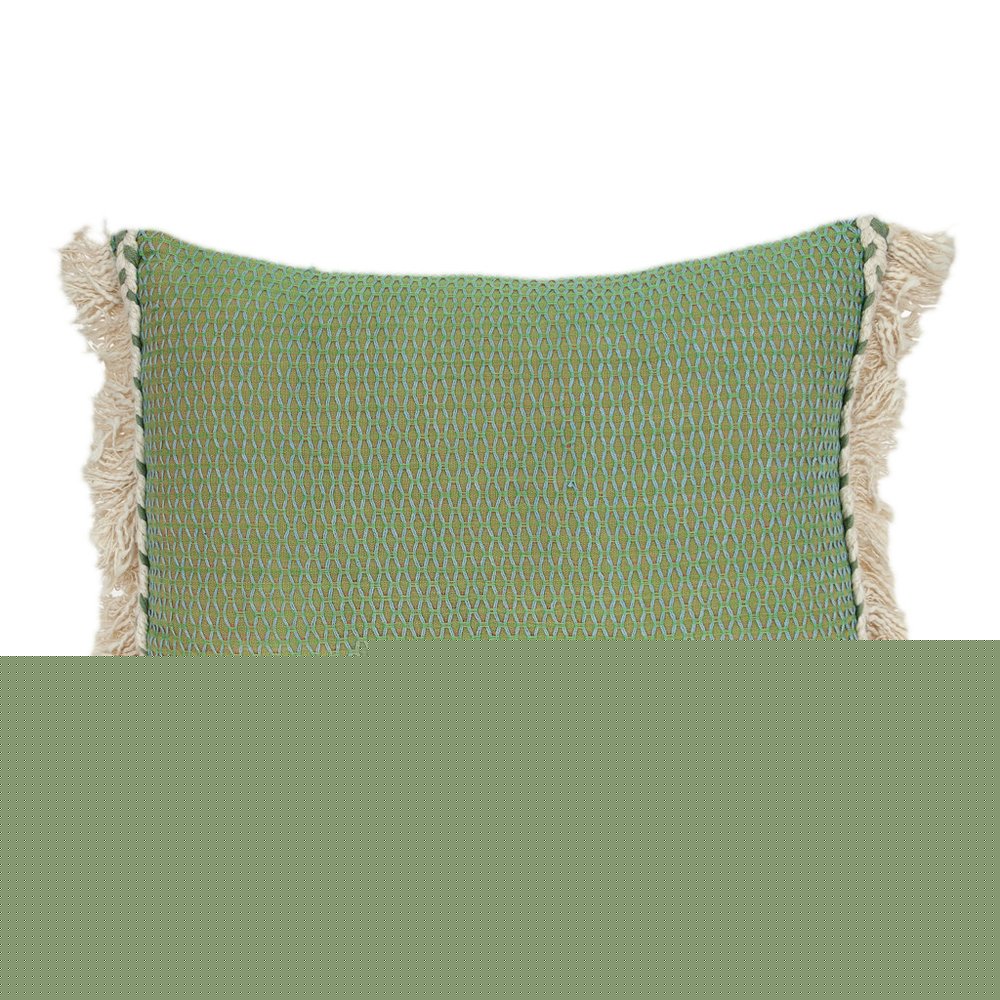 14" X 20" Green And Beige Cotton Lumbar Throw Pillow with Embroidery and Fringe