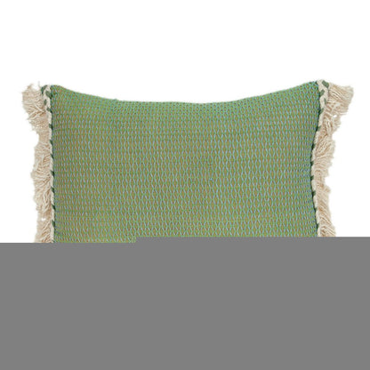 14" X 20" Green And Beige Cotton Lumbar Throw Pillow with Embroidery and Fringe