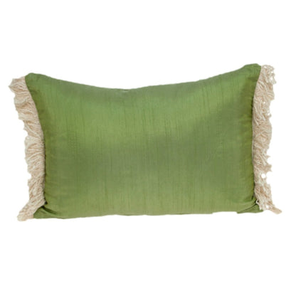14" X 20" Green And Beige Cotton Lumbar Throw Pillow with Embroidery and Fringe