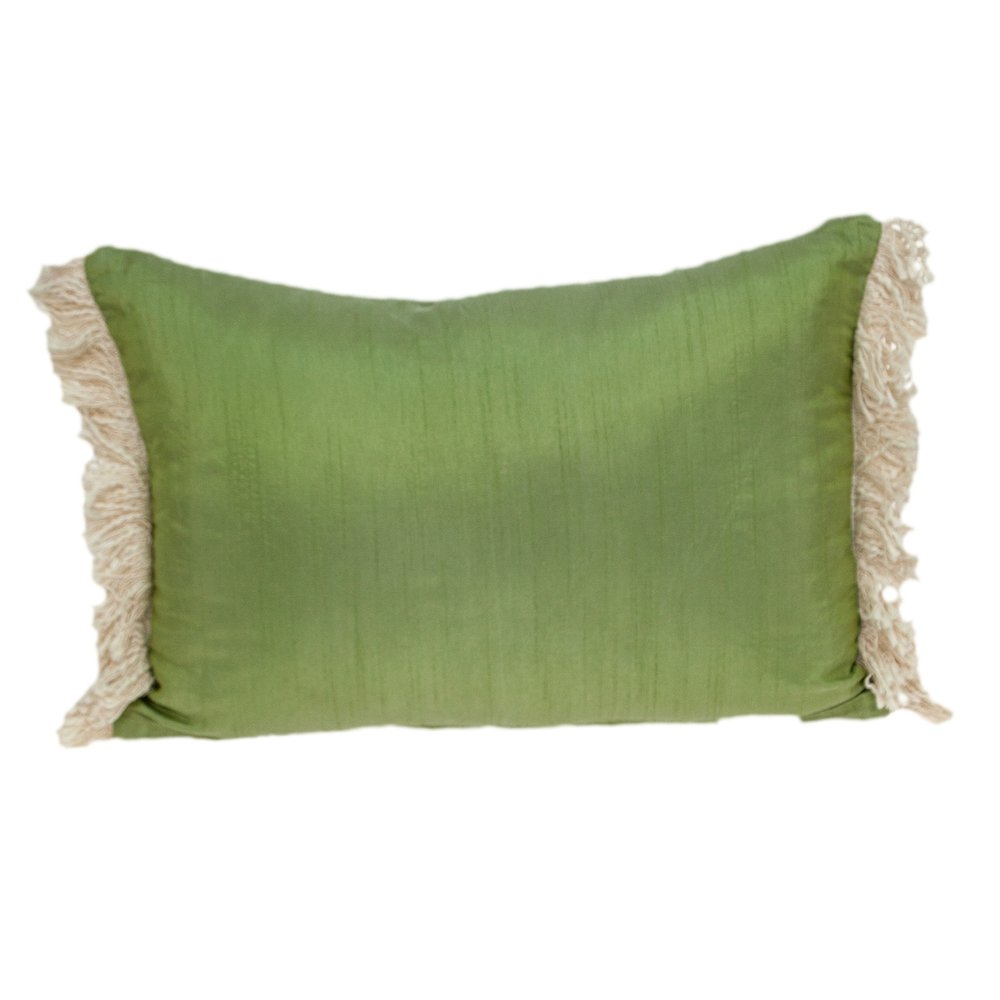 14" X 20" Green And Beige Cotton Lumbar Throw Pillow with Embroidery and Fringe