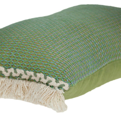 14" X 20" Green And Beige Cotton Lumbar Throw Pillow with Embroidery and Fringe