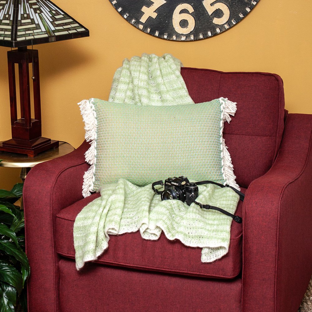 14" X 20" Green And Beige Cotton Lumbar Throw Pillow with Embroidery and Fringe