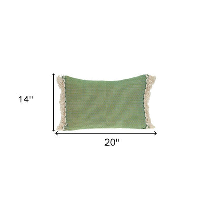 14" X 20" Green And Beige Cotton Lumbar Throw Pillow with Embroidery and Fringe