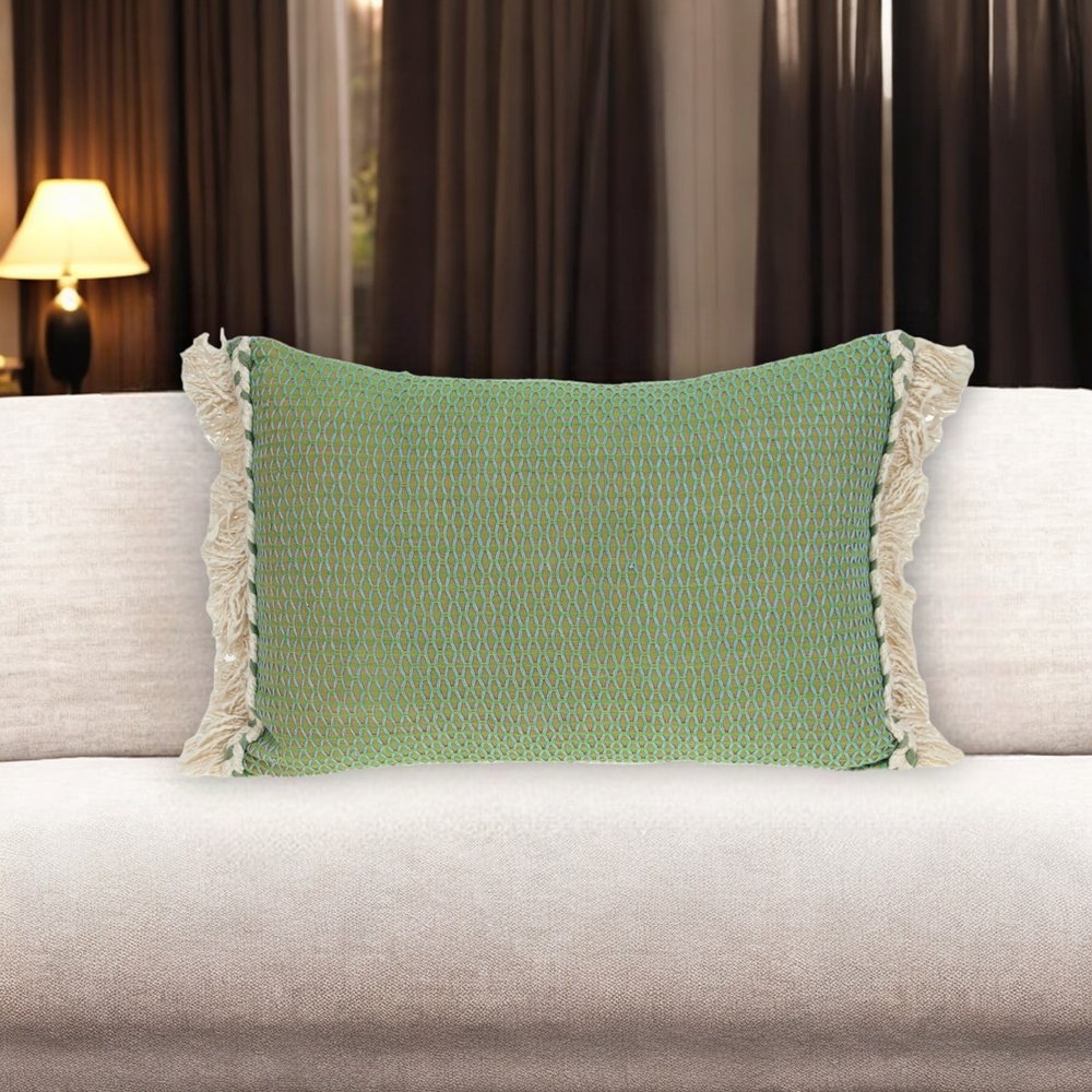 14" X 20" Green And Beige Cotton Lumbar Throw Pillow with Embroidery and Fringe