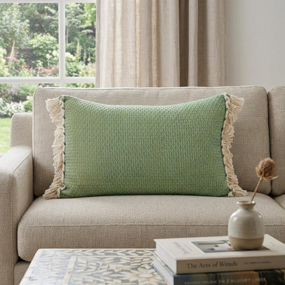 14" X 20" Green And Beige Cotton Lumbar Throw Pillow with Embroidery and Fringe