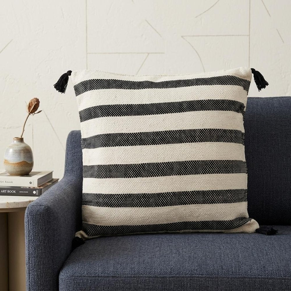 24" Beige and Black Striped Cotton Throw Pillow With Tassels