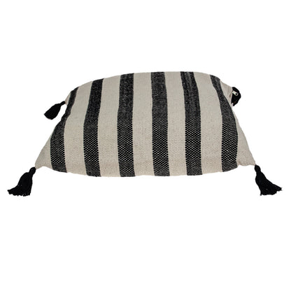 24" Beige and Black Striped Cotton Throw Pillow With Tassels