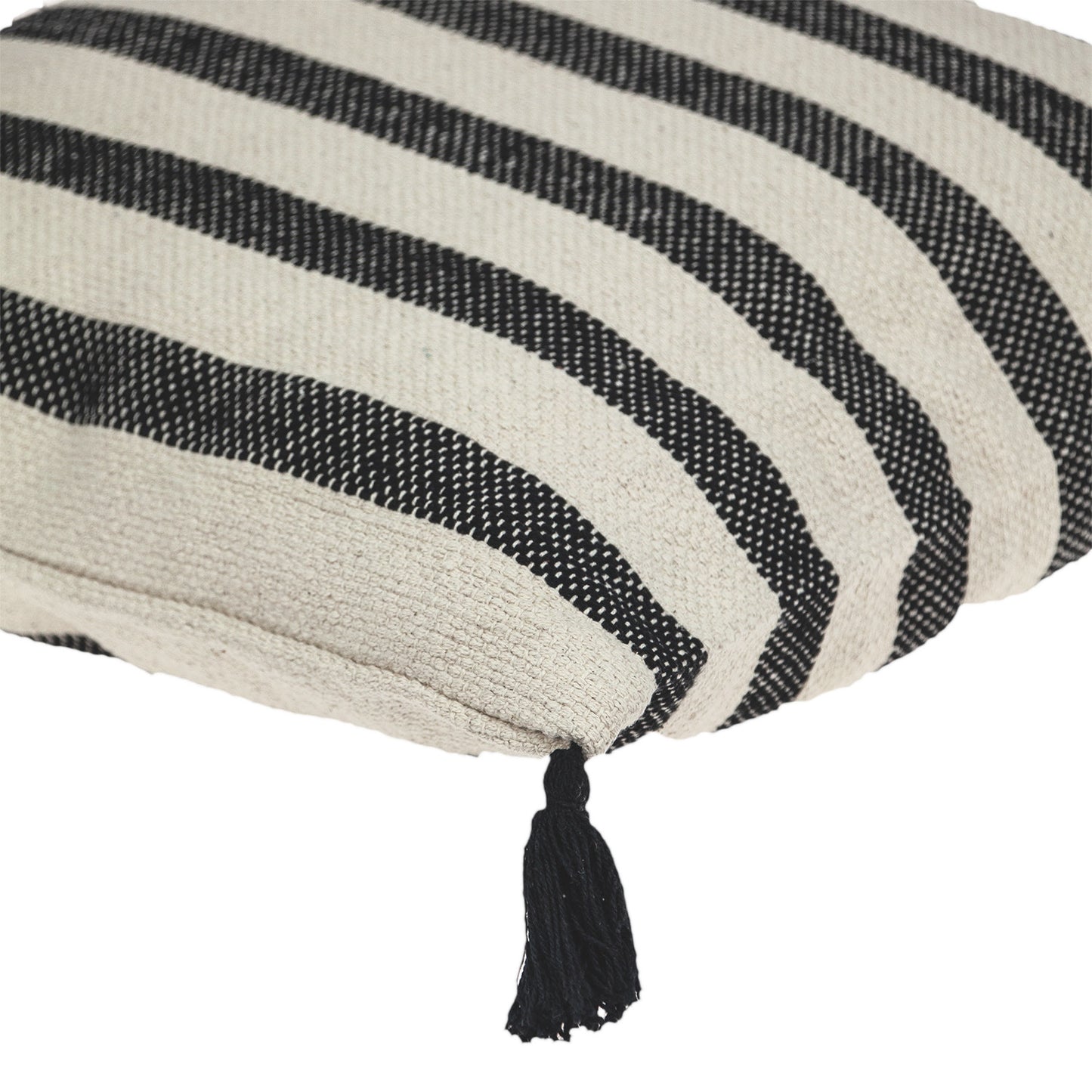 24" Beige and Black Striped Cotton Throw Pillow With Tassels