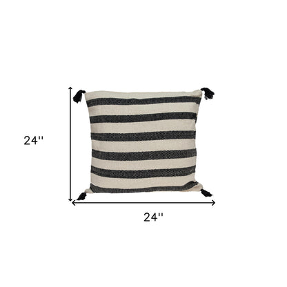 24" Beige and Black Striped Cotton Throw Pillow With Tassels