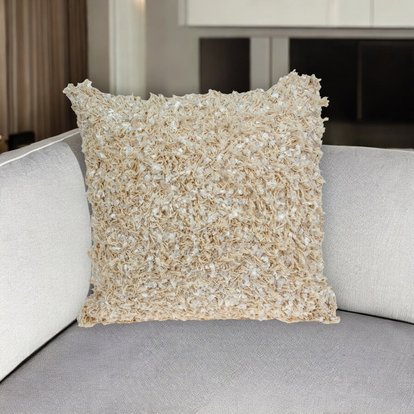 18" Beige Throw Pillow With Shag