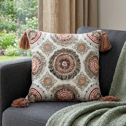 18" Red and White Floral Cotton Throw Pillow With Embroidery, Tassels