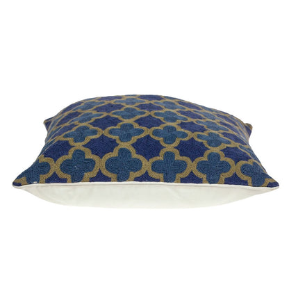 20" Blue and Brown Quatrefoil Wool Throw Pillow With Embroidery