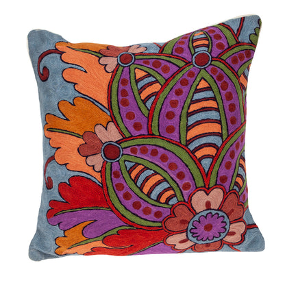 20" Blue and Pink Floral Wool Throw Pillow With Embroidery