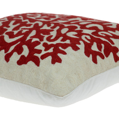 20" Beige and Red Coastal Wool Throw Pillow With Embroidery