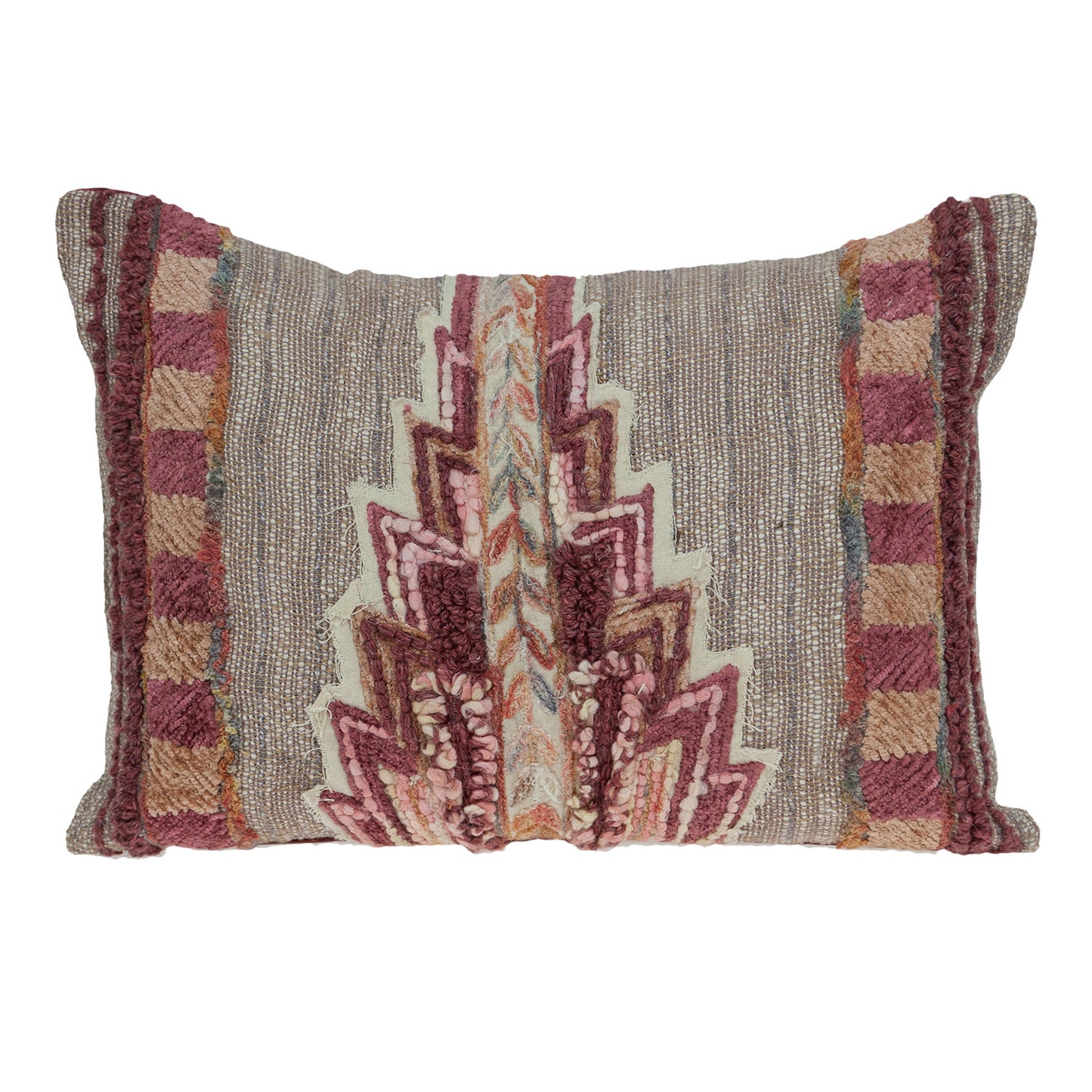 14" X 20" Beige and Pink Southwestern Cotton Throw Pillow With Embroidery