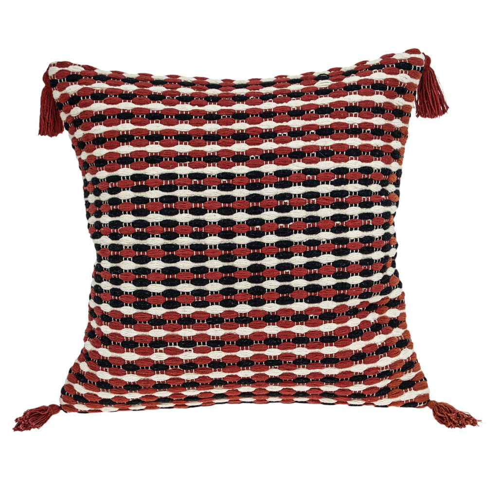 20" Red and Black Striped Cotton Throw Pillow With Tassels