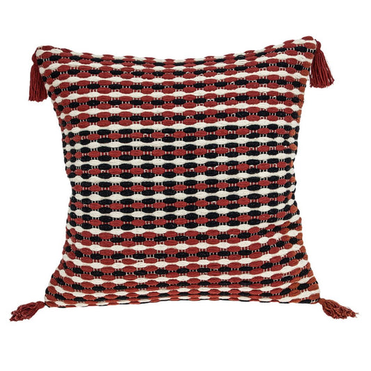 20" Red and Black Cotton Throw Pillow with Tassels