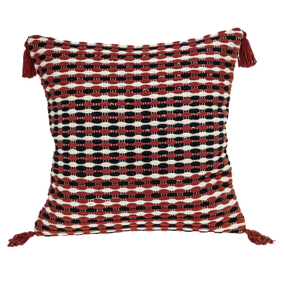 20" Red and Black Cotton Throw Pillow with Tassels