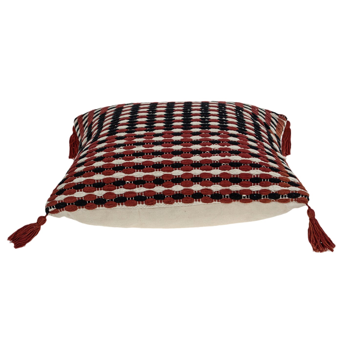 20" Red and Black Striped Cotton Throw Pillow With Tassels