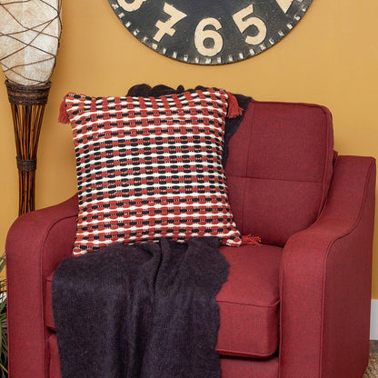 20" Red and Black Cotton Throw Pillow with Tassels
