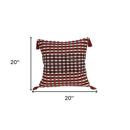 20" Red and Black Cotton Throw Pillow with Tassels