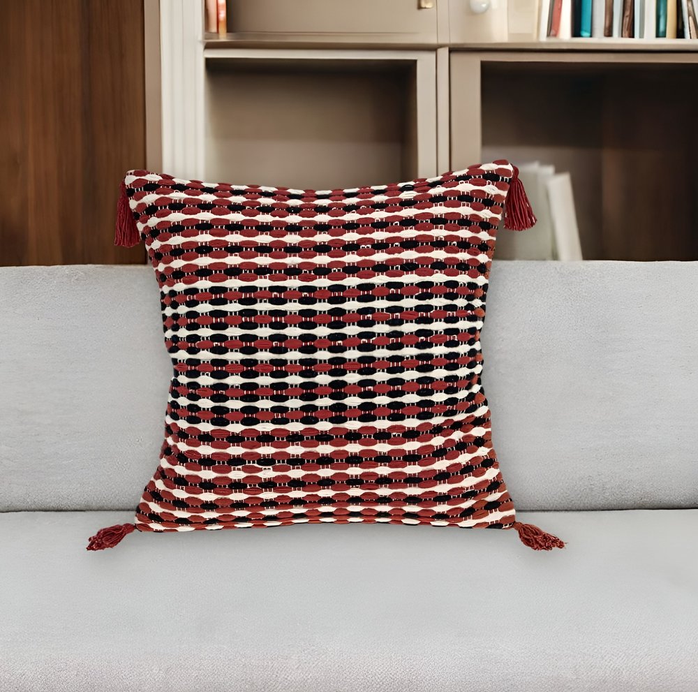 20" Red and Black Cotton Throw Pillow with Tassels
