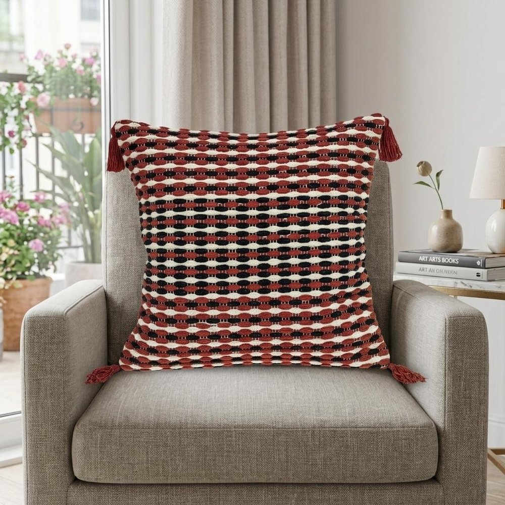 20" Red and Black Cotton Throw Pillow with Tassels