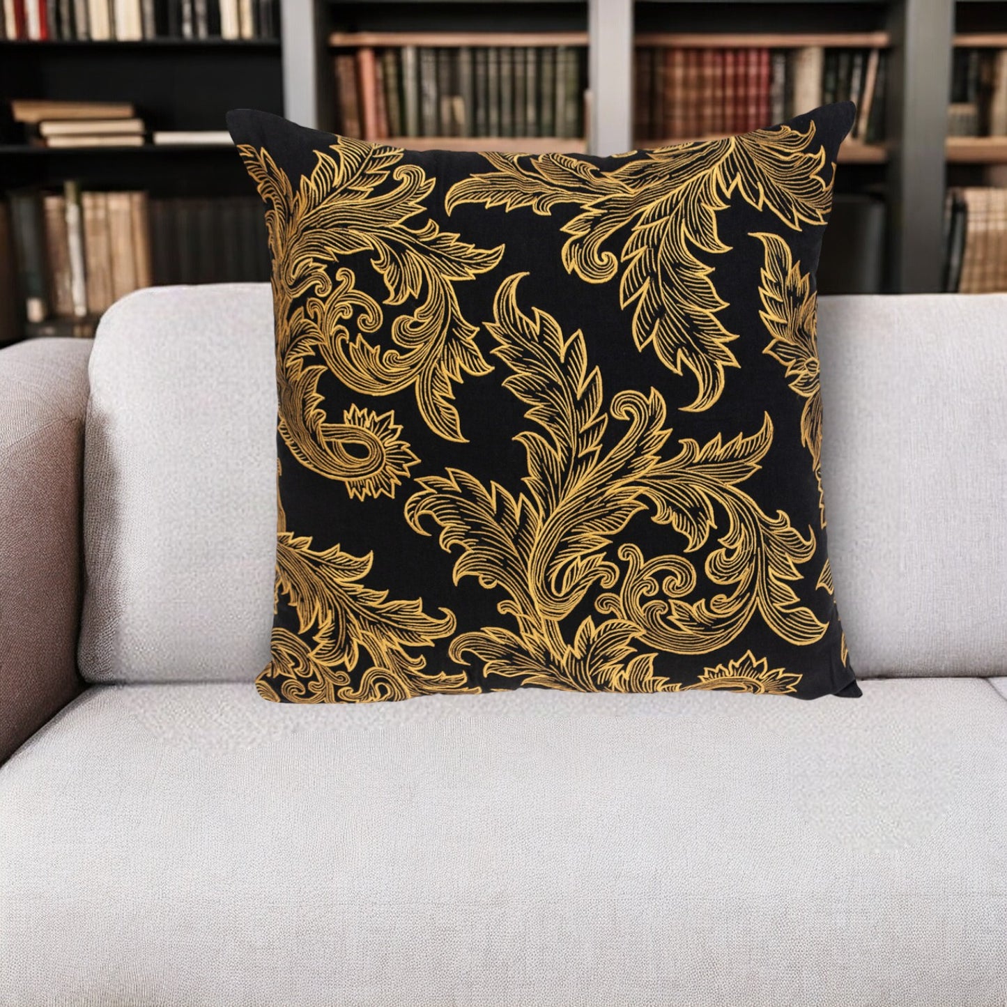 22" Black and Orange Floral Cotton Throw Pillow With Embroidery