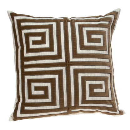 22" Beige and Brown Geometric Cotton Blend Throw Pillow With Applique