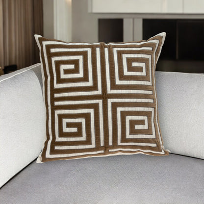 22" Beige and Brown Geometric Cotton Blend Throw Pillow With Applique