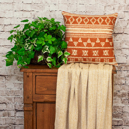 18" X 18" Orange and Ivory Southwestern Cotton Throw Pillow