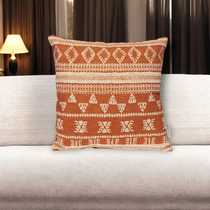 18" X 18" Orange and Ivory Southwestern Cotton Throw Pillow