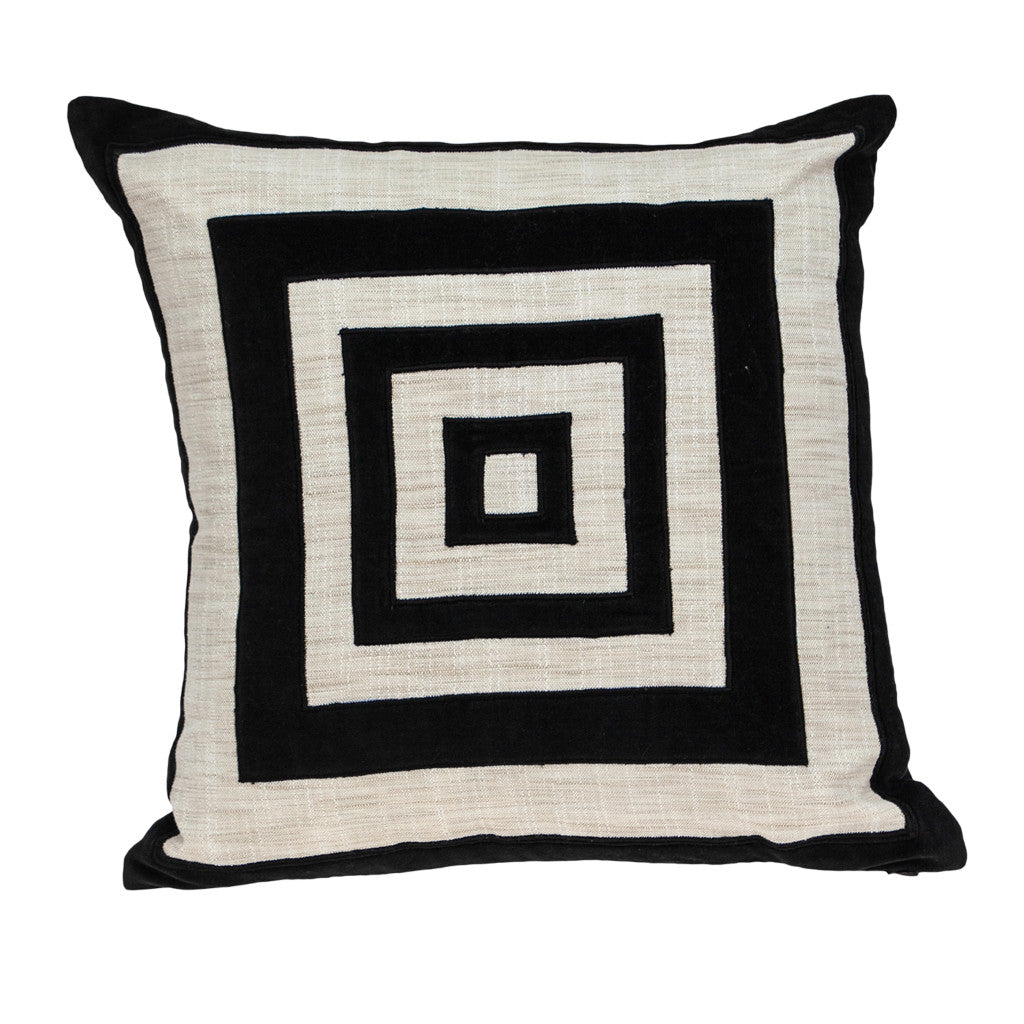 18" Beige and Black Geometric Cotton Blend Throw Pillow with Embroidery and Applique