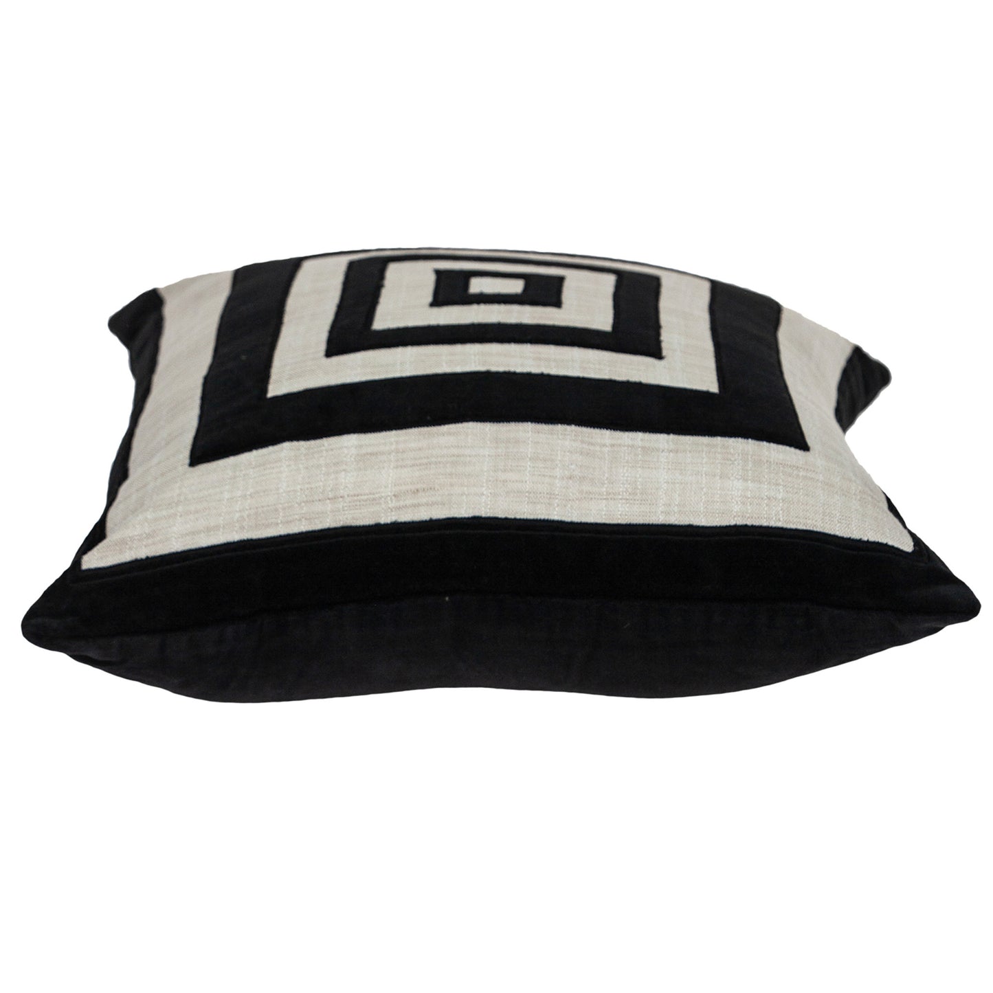 18" Beige and Black Geometric Cotton Blend Throw Pillow with Embroidery and Applique