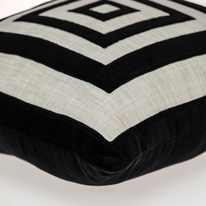 18" Beige and Black Geometric Cotton Blend Throw Pillow with Embroidery and Applique