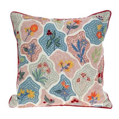 18" Blue and Pink Floral Cotton Throw Pillow With Embroidery