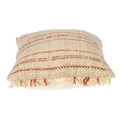 14" X 20" Beige and Pink Striped Cotton Throw Pillow With Fringe