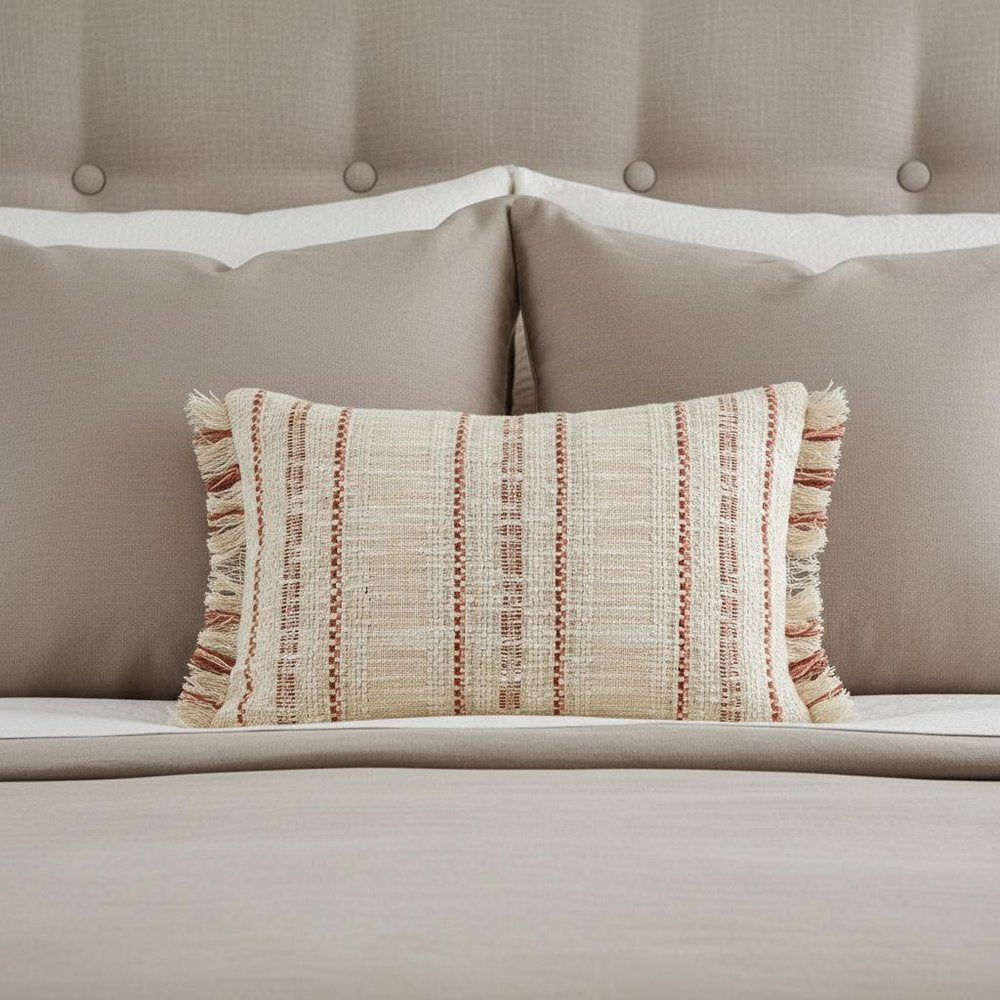 14" X 20" Beige and Pink Striped Cotton Throw Pillow With Fringe